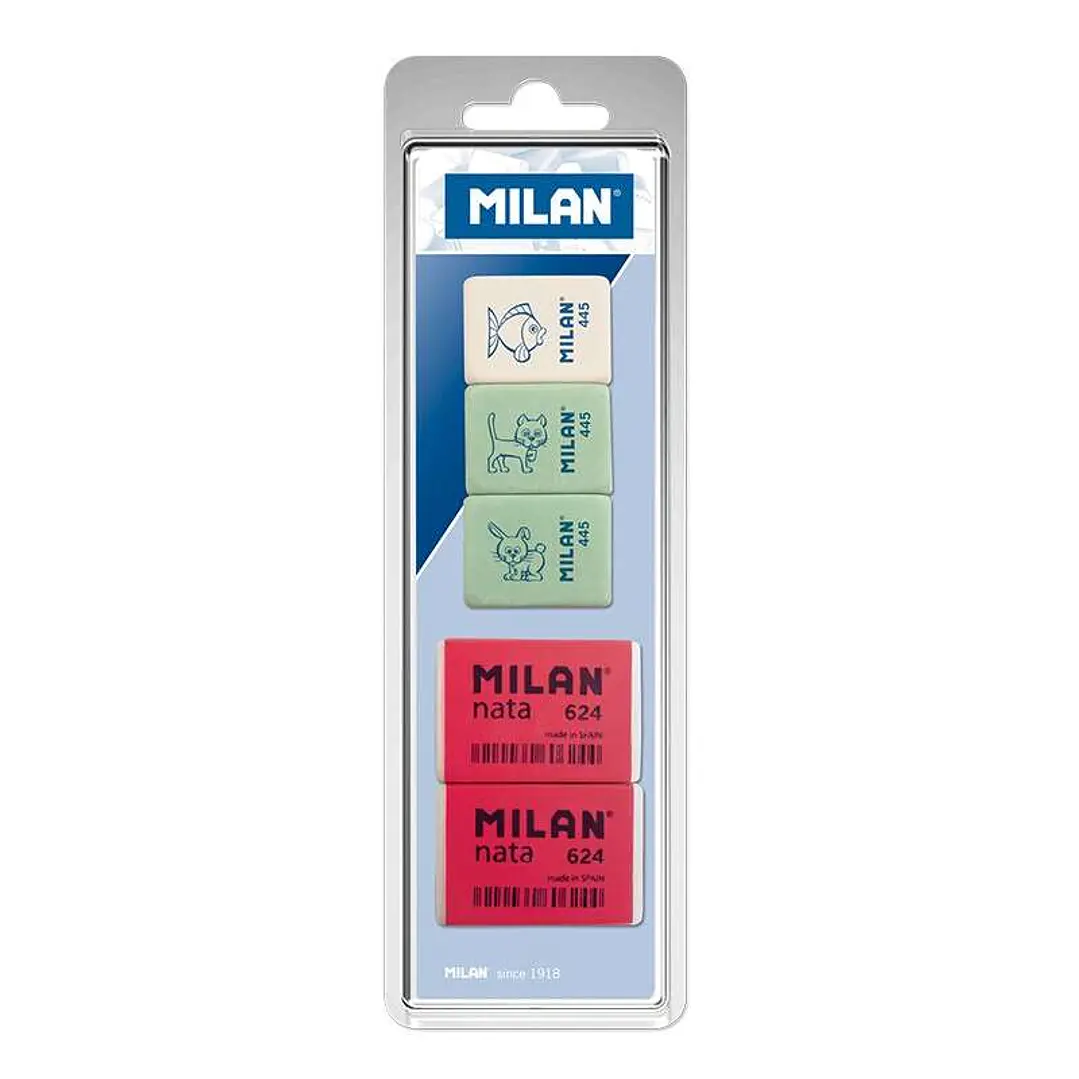 Milan Pack de 5 Gomas de Borrar, 3xGomas 445 Rectangulares + 2xGomas 624 Nata Rectangulares - Plastico - Colores Surtidos 1