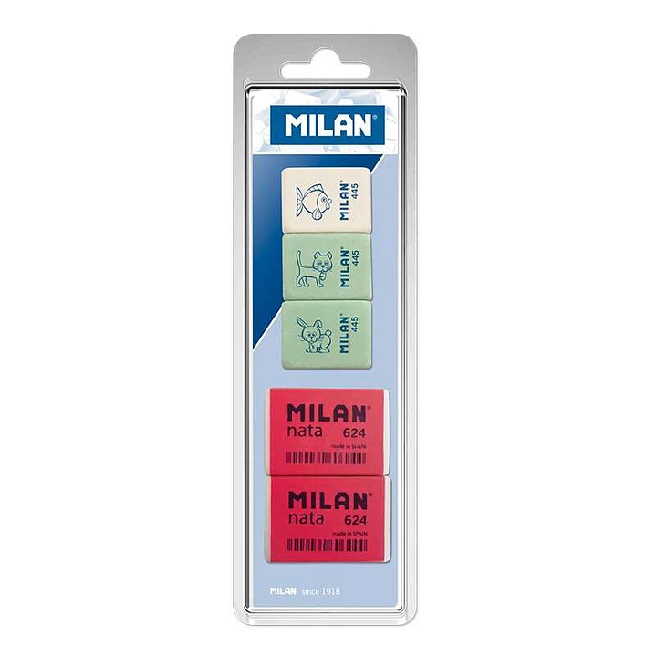 Milan Pack de 5 Gomas de Borrar, 3xGomas 445 Rectangulares + 2xGomas 624 Nata Rectangulares - Plastico - Colores Surtidos 1
