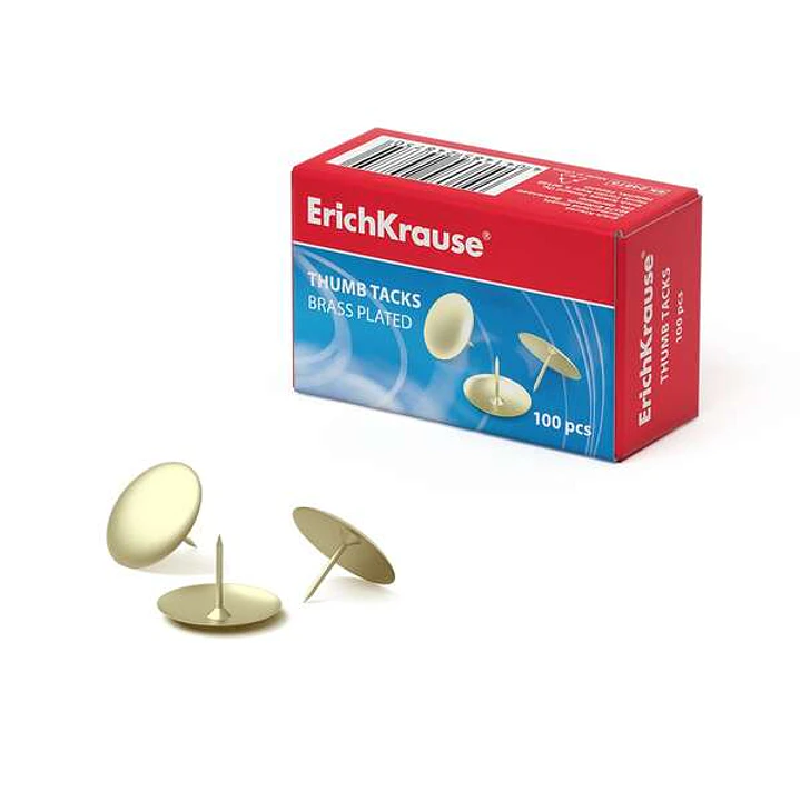 Erichkrause Caja de 100 Chinchetas Metalicas de Acero Latonado - Alta Resistencia y Durabilidad - Resistente a la Corrosion - Color Dorado 1