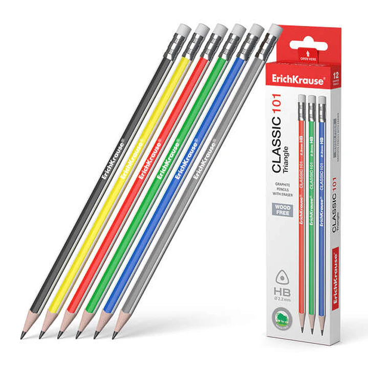 Erichkrause Classic 101 Lapiz de Grafito Plastico HB Triangular con Goma de Borrar - Colores Surtidos 1