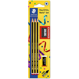 Staedtler Noris 120 Pack de 3 Lapices de Grafito Hexagonales + Goma de Borrar + Sacapuntas - Mina HB Ultrarresistente de 2mm - Madera de Bosques Soste