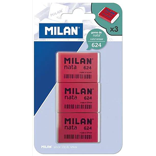 Milan Nata 624 Pack de 3 Gomas de Borrar Rectangulares - Plastico - Suave - No Abrasiva - Color Rojo/Blanco