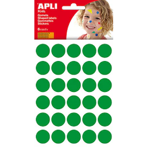 Apli Bolsa de 180 Gomets Redondos Ø 20mm - Adhesivo Permanente - Desarrollo de Habilidades y Creatividad - Ideal para Escuelas Infantiles - Color Verd