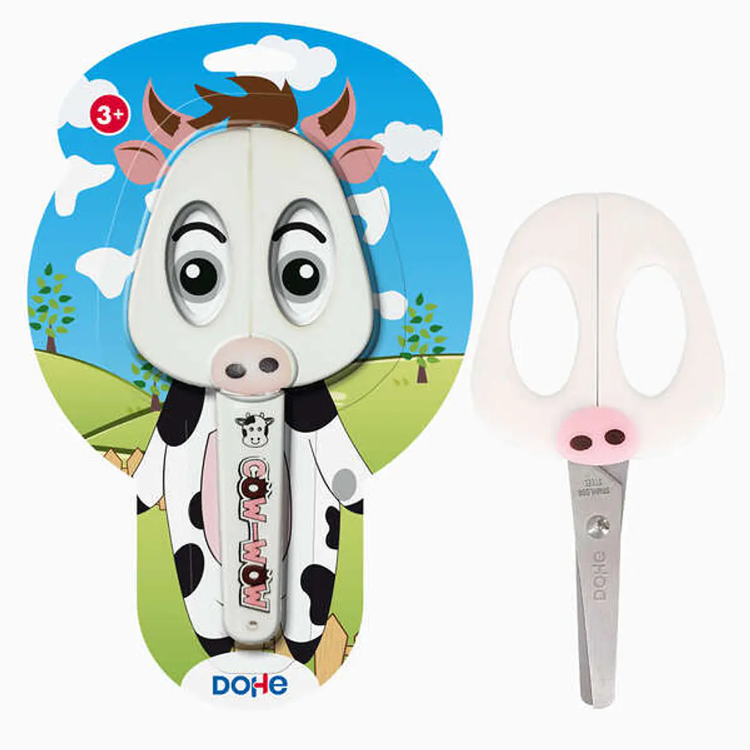 Dohe Tijera Escolar para Niños - Acero Inoxidable - Puntas Redondeadas - Funda para las Hojas - Diseño Vaca 1