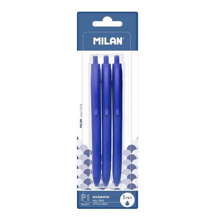 Milan P1 Touch Pack de 3 Boligrafos de Bola Retractiles - Punta Redonda 1mm - Tinta con Base de Aceite - Escritura Suave - 1.200m de Escritura - Color 1
