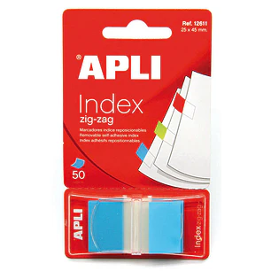 Apli Indices Adhesivos Film Zigzag 45x25mm Dispensador de 50 - Faciles de Aplicar - Diseño Zigzag - Adhesivo de Calidad - Azul