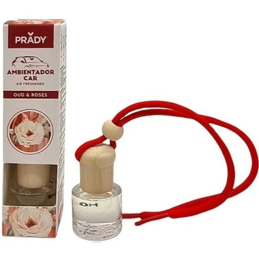 Prady Ambientador Coche OUD & Rose - Frasco de Cristal 6 ml y Cuerda para Espejo Retrovisor 1