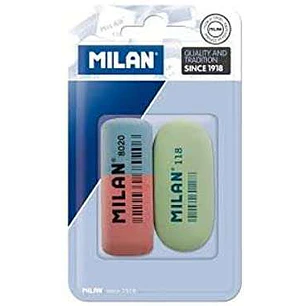 Milan Pack de 2 Gomas de Borrar, 1xGoma 8020 Biselada Doble Intensidad + 1xGoma 118 Ovalada - Caucho Sintetico - Para toda Clase de Papeles - Colores 