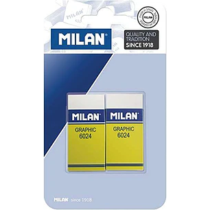 Milan Nata 6024 Graphic Pack de 2 Gomas de Borrar Rectangulares - Plastico - Faja de Carton Amarilla - No daña el Papel - Color Blanco