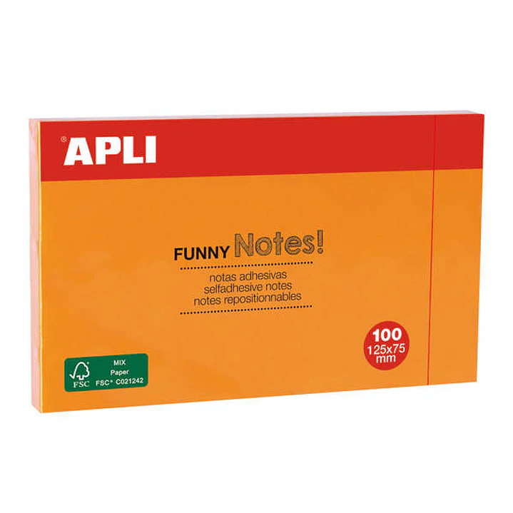 Apli Notas Adhesivas Funny 125x75mm - Bloc de 100 Hojas - Adhesivo de Calidad - Color Naranja Fluorescente 1