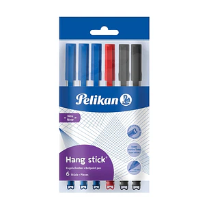 Pelikan Hang Stick Pack de 6 Boligrafos de Colores - Trazo de 1mm - Capuchon Antiasfixia - Cuerpo Triangular Ergonomico - Gancho - Tinta a Base de Ace