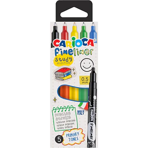 Carioca Fineliner Study Pack de 5 Rotuladores - Punta Blanca de Acetal 0.5mm - Colores Surtidos