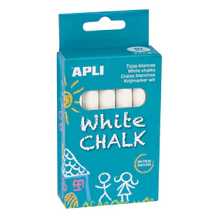 Apli Pack de 10 Tizas Blancas Redondas - Tamaño Ø 9 x 80mm - Bajo en Residuo y sin Polvo - Ideal para Escribir, Dibujar y Colorear en Pizarras y Pavim