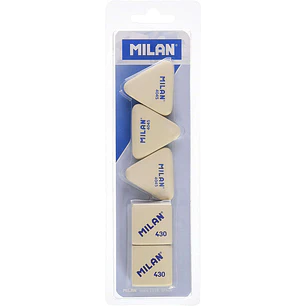 Milan Pack de 5 Gomas de Borrar, 3x Gomas 4045 Nata Triangulares + 2xGomas 430 Cuadradas - Miga de pan - Caucho Suave Sintetico - Color Blanco