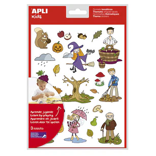 Apli Bolsa de Gomets Tematicos el Otoño - 72 Gomets en 3 Hojas - Adhesivo Removible - Ilustraciones Educativas - Adhesivo Base Agua - Libre de Disolve