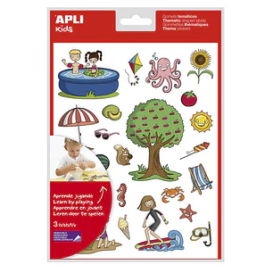 Apli Gomets Tematicos el Verano - 72 Gomets en 3 Hojas - Ilustraciones Educativas de Objetos y Animales Veraniegos - Adhesivo Removible - Adhesivo Bas