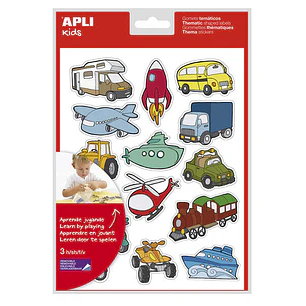 Apli Bolsa de Gomets Tematicos Transportes - 45 Gomets en 3 Hojas - Ilustraciones Divertidas para Enriquecer Vocabulario y Habilidades Motoras - Adhes