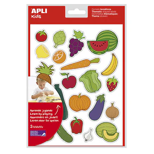 Apli Bolsa de Gomets Tematicos Frutas y Verduras - 69 Gomets - Adhesivo Removible - Ilustraciones Divertidas - Adhesivo Base Agua - Libre de Disolvent