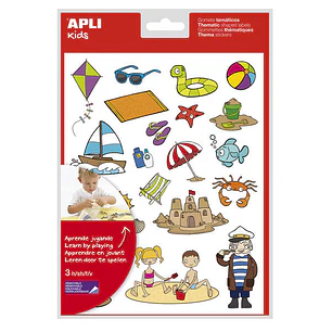 Apli Bolsa de Gomets Tematicos la Playa - 66 Gomets en 3 Hojas - Ilustraciones de Animales y Objetos de la Playa - Adhesivo Removible - Adhesivo Base 