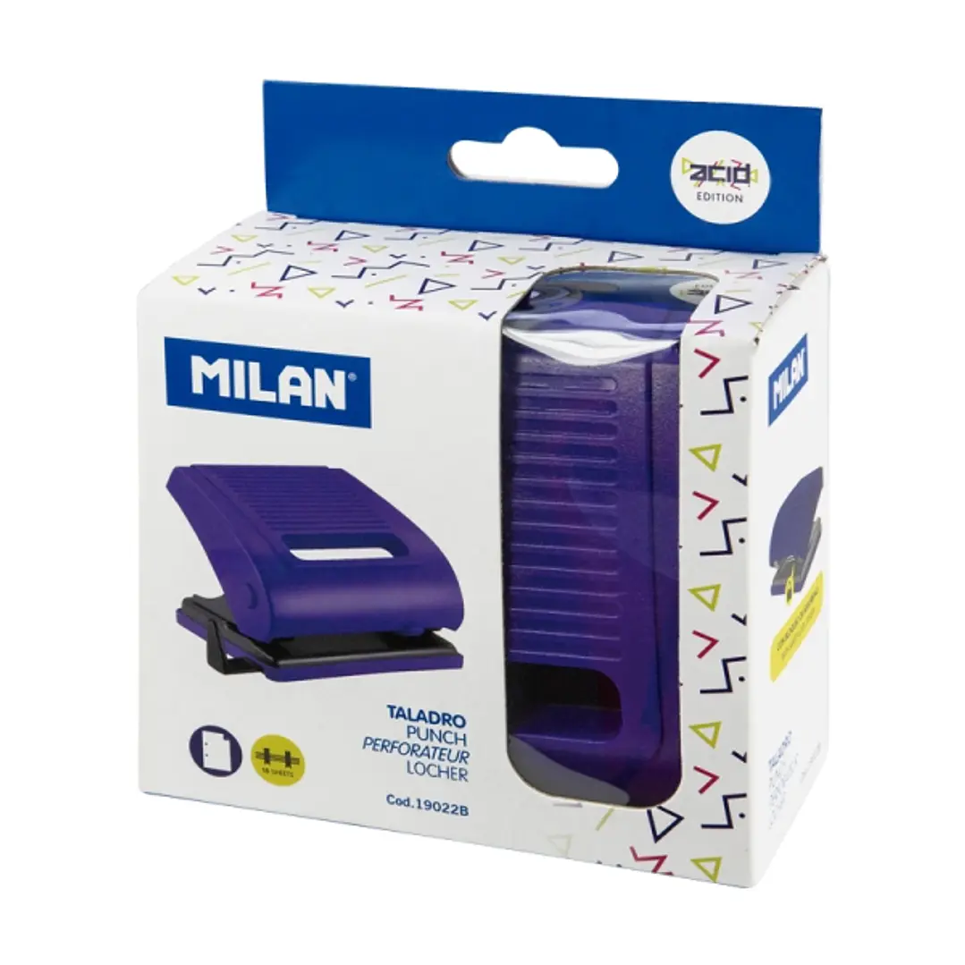Milan Acid Taladro Perforador - Incluye Guia de Plastico - hasta 15 Hojas - Bloqueo de Seguridad - Facil Vaciado - Color Azul 1