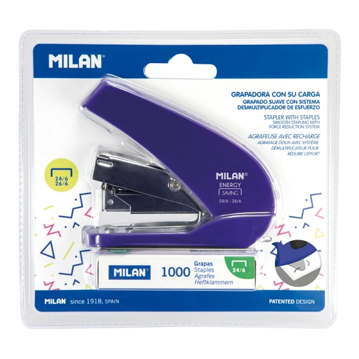 Milan Acid Energy Saving Grapadora Compacta - 1000 Grapas Incluidas - hasta 20 Hojas - Grapas 24/6 y 26/6 - Color Azul 1