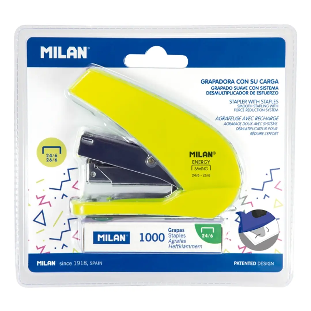 Milan Acid Energy Saving Grapadora Compacta - 1000 Grapas Incluidas - hasta 20 Hojas - Grapas 24/6 y 26/6 - Color Amarillo 1