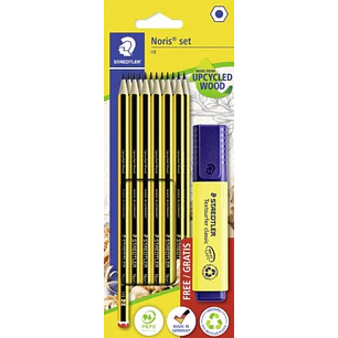 Staedtler Noris 120 Pack con 12 Lapices de Grafito Hexagonales HB + 1 Marcador Fluorescente Textsurfer Amarillo - Resistencia a la Rotura - Madera de 