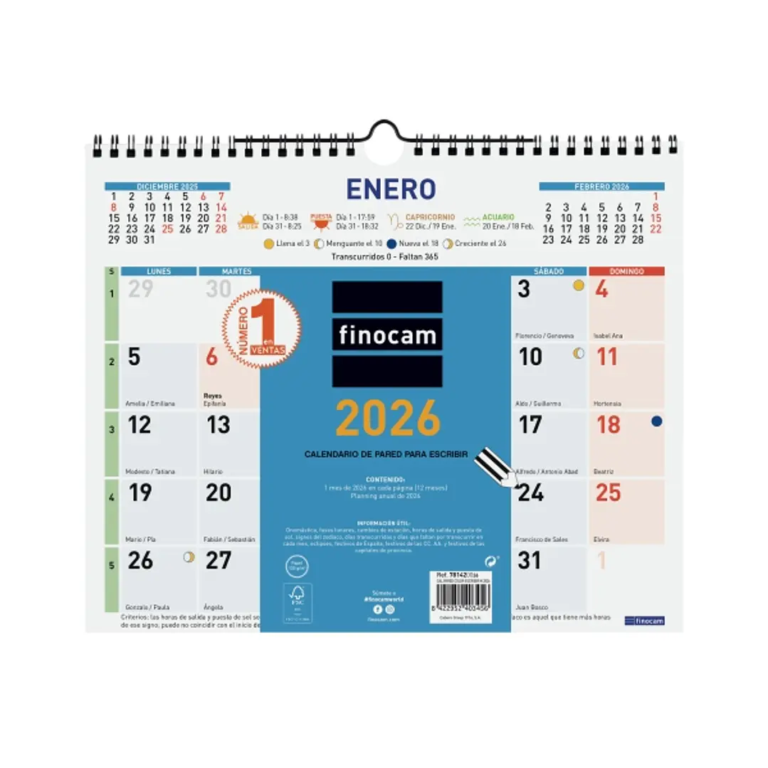 Finocam Calendario de Pared - Anual 2026 - Formato M - 300x10x255mm - Espacio para Escribir - Color Azul y Blanco 1