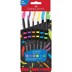 Faber-Castell Pack de 6 Pinceles Sinteticos de Diferentes Tamaños y Colores - Agarre Soft Touch - Color del Cuerpo Negro