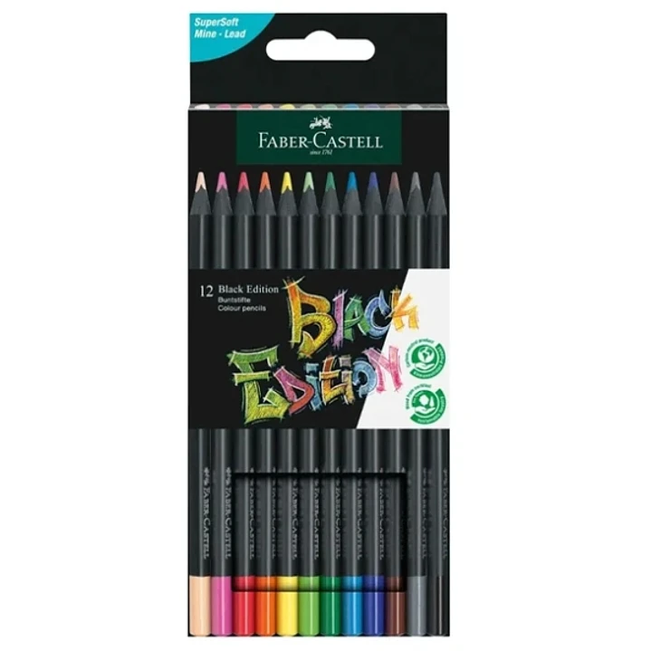 Faber-Castell Black Edition Pack de 12 Lapices de Colores - Mina Supersuave - Madera Negra - Ideales para Dibujo sobre Papel Claro, Oscuro y de Colore 1