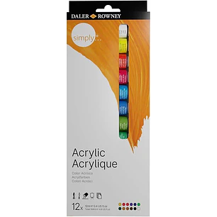 Daler Rowney Simply Pack de 12 Pinturas Acrilicas 12ml - Secado Rapido - Optima Cobertura - Mezclables - Colores Surtidos