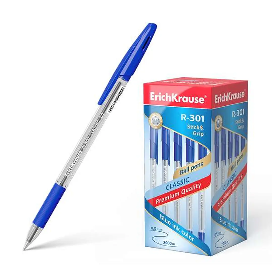 Erichkrause R-301 Stick&Grip Boligrafo de Bola Punta 1.0mm - Trazo 0.5mm - Agarre con Grip de Goma - Tinta de Secado Rapido - Cuerpo Transparente - Ca 1