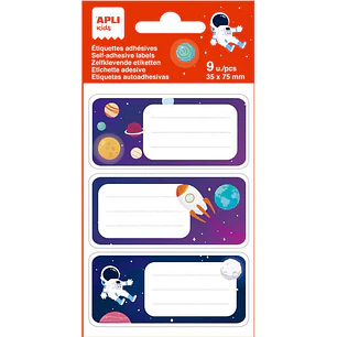 Apli Etiquetas Adhesivas Escolares Planetas - Tamaño 81x36mm - 9 Etiquetas en 3 Hojas - Adhesivo Permanente de Alta Calidad - Diseño Planetas - Color 