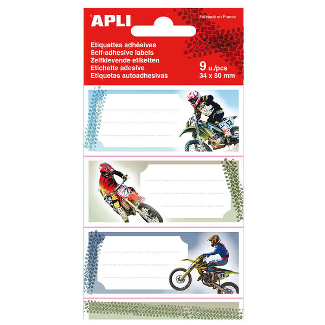 Apli Etiquetas Adhesivas Escolares Motos - Tamaño 81x36mm - 9 Etiquetas (3 por Diseño) - Adhesivo Permanente de Alta Calidad - Color Blanco 1