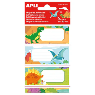 Apli Etiquetas Adhesivas Escolares Dinosaurios - Tamaño 81x36mm - 9 Etiquetas de Adhesivo Permanente de Alta Calidad - Ideal para Marcar e Identificar