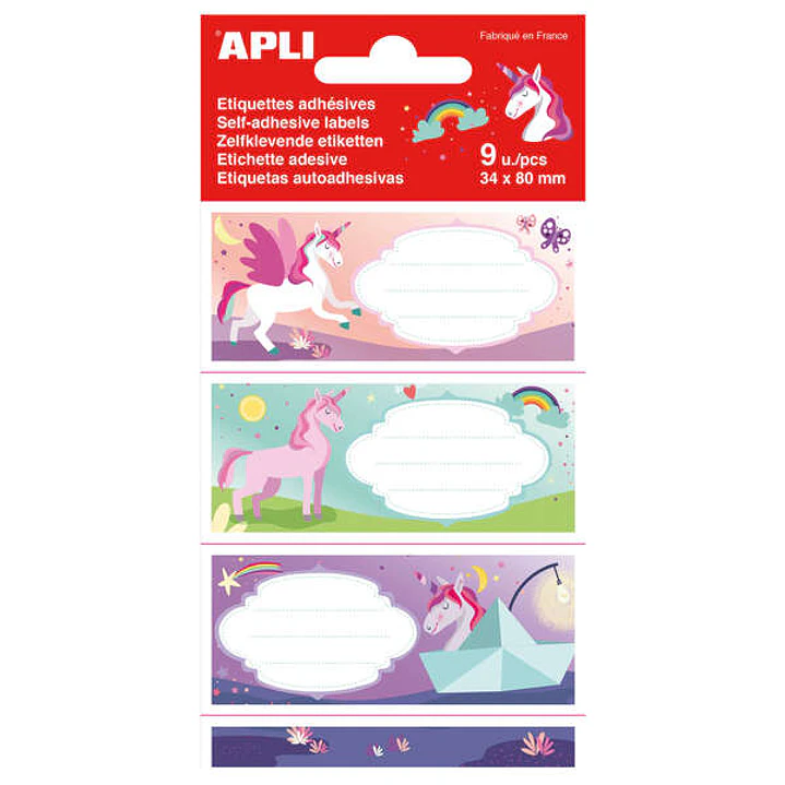 Apli Etiquetas Adhesivas Escolares Unicornios - Tamaño 81x36mm - 9 Etiquetas (3 por Diseño) - Adhesivo Permanente de Alta Calidad - Ideal para Marcar  1