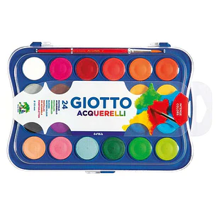 Giotto Estuche de 24 Acuarelas de 30mm + Pincel - Colores Brillantes, Intensos y Vivos - Muy Cubrientes - Colores Surtidos