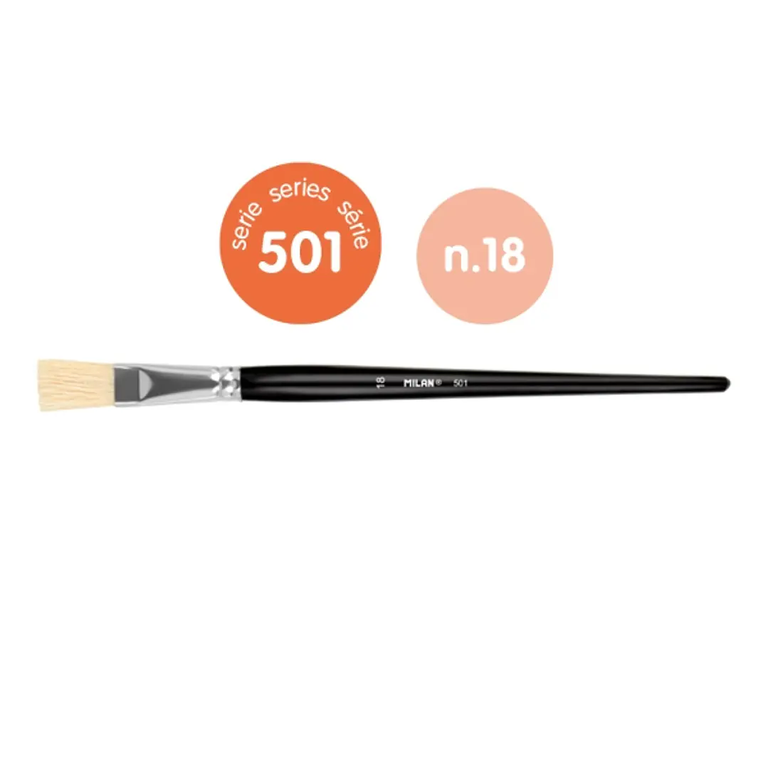Milan 501 Pack de 4 Pinceles Planos Numero 18 - Bolsa con Colgador - Cerda Natural - Color Negro 1