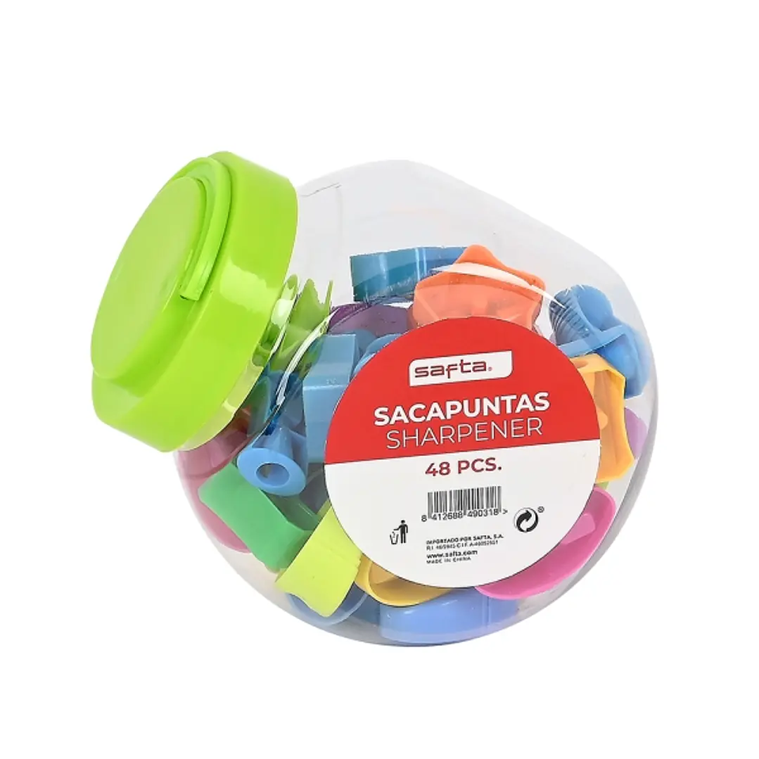 Safta Pack de 48 Sacapuntas - Agarre Antideslizante - Compacto - Cuchilla de Alta Calidad - 100x100x120mm - Colores Surtidos 1