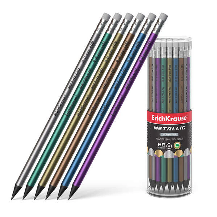 Erichkrause Metallic Lapiz de Grafito HB con Goma de Borrar - Cuerpo Redondo de Plastico - Colores Surtidos 1
