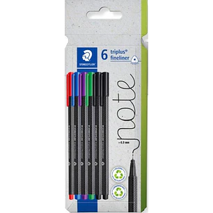 Staedtler Triplus Fineliner 334 Pack de 6 Rotuladores de Punta Fina - Trazo de 0.3mm aprox. - Tinta Antisecado a Base de Agua - Carcasa Fabricada en u
