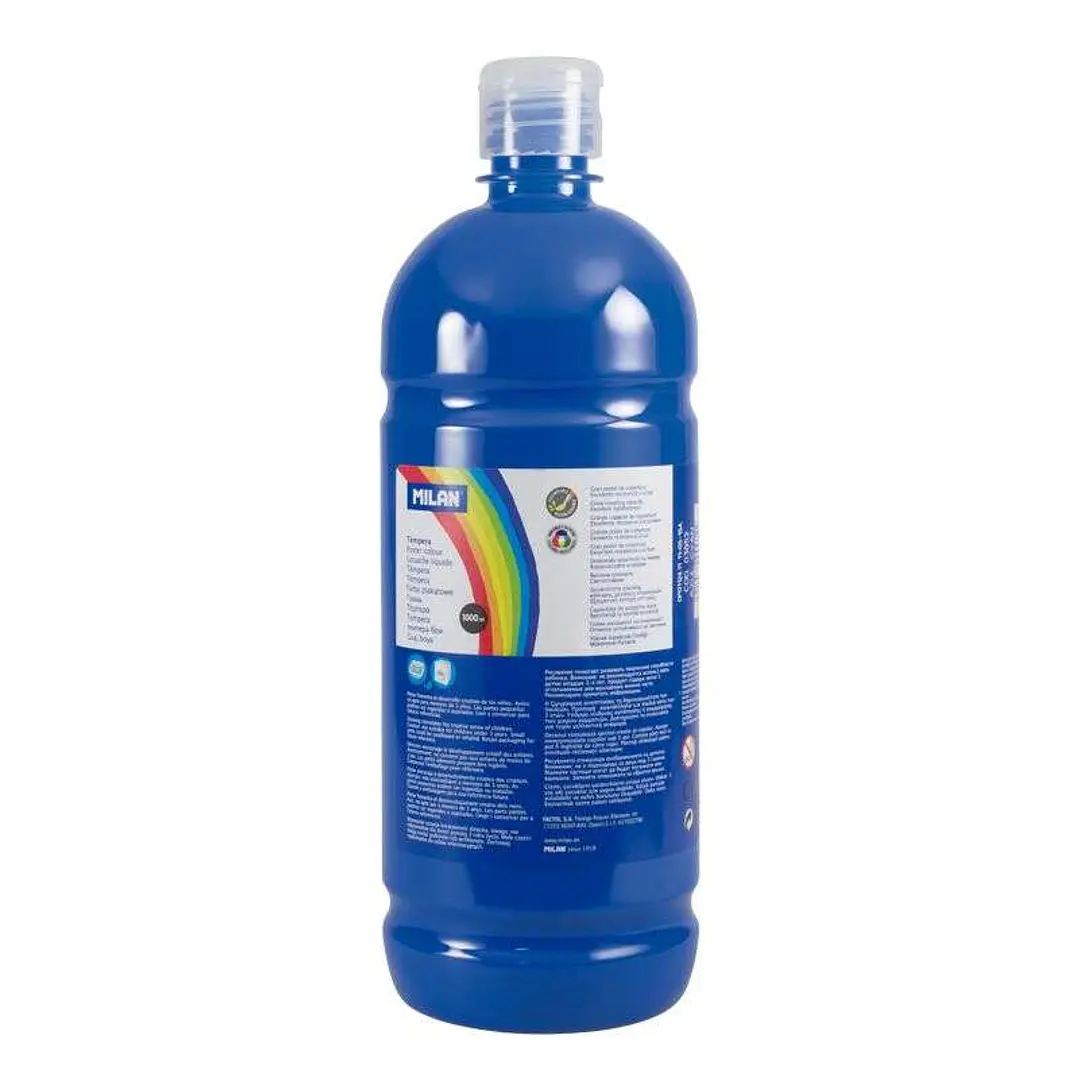 Milan Botella de Tempera 1000ml - Tapon Dosificador - Secado Rapido - Mezclable - Color Azul Cyan 1