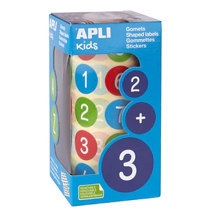 Apli Rollo de 900 Gomets Redondos con Numeros Ø 20 mm - Adhesivo Removible Base Agua - Fomenta Aprendizaje - Libre de Disolventes - Colores Surtidos