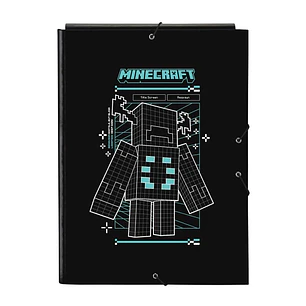 Safta Minecraft Screen Carpeta de 3 Solapas - Formato Folio - Cierre con Gomas Elasticas - Tapas Duras Forradas - 26x33.5x2.5cm - Color Negro