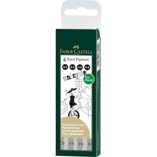 Faber-Castell Ecco Pigment Pack de 4 Rotuladores Calibrados 0.2, 0.4, 0.6, 0.8mm - Punta Engastada en Metal - Tinta Pigmentada Resistente al Agua y a 