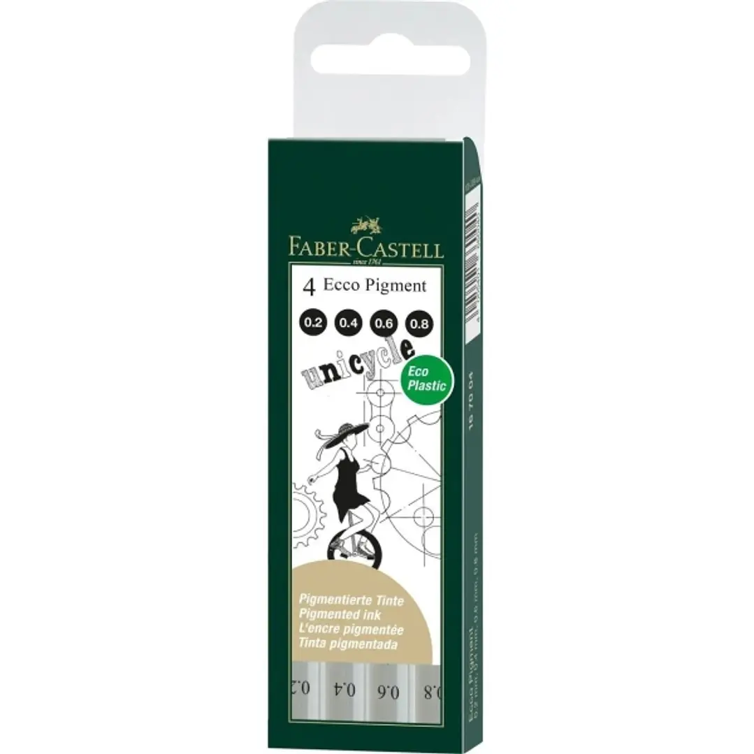 Faber-Castell Ecco Pigment Pack de 4 Rotuladores Calibrados 0.2, 0.4, 0.6, 0.8mm - Punta Engastada en Metal - Tinta Pigmentada Resistente al Agua y a  1