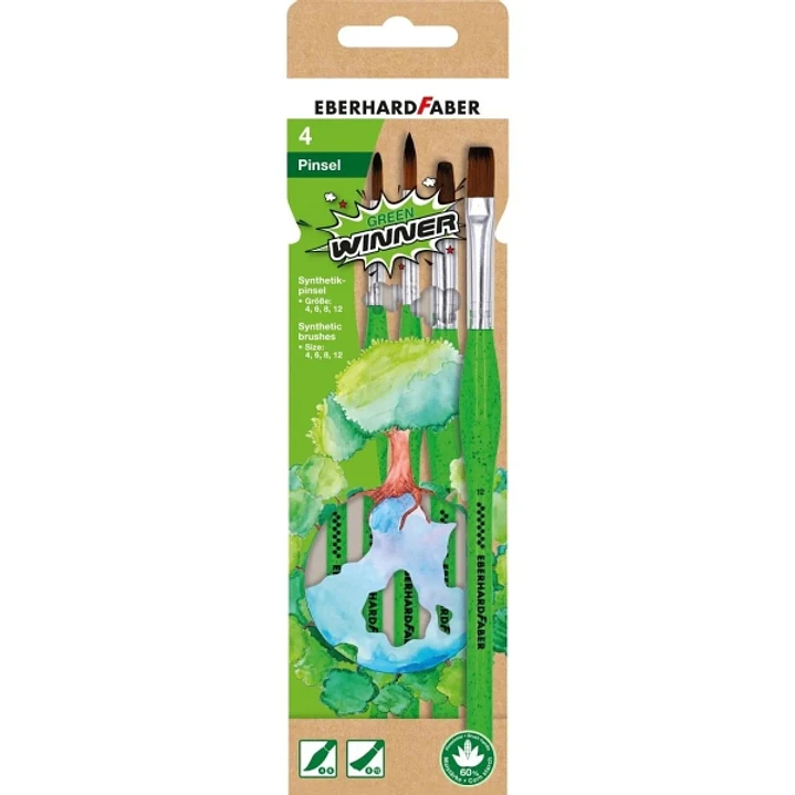 Eberhard Faber Green Winner Pack con 4 Pinceles de Pelo Sintetico Tamaños 4, 6, 8, 12 - Agarre Ergonomico - Fabricados con un 60% de Almidon de Maiz 1