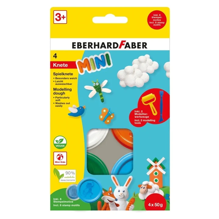 Eberhard Faber Mini Kids Pack con 4 Botes 50gr de Pasta de Modelar + 2 Herramientas - 90% Ingredientes Naturales - Facil de Lavar - Colores Blanco, Na 1