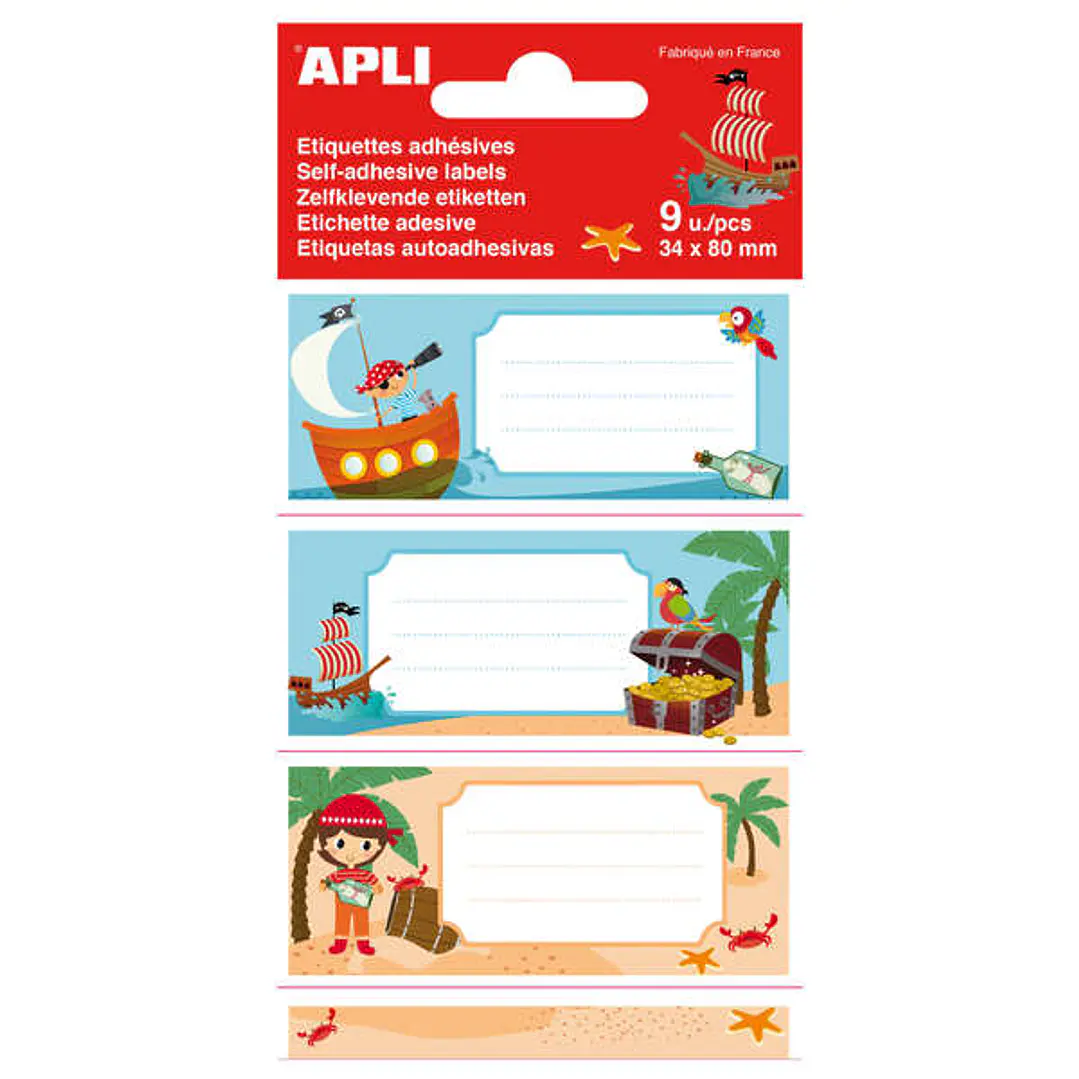 Apli Etiquetas Adhesivas Escolares Piratas - Tamaño 81x36mm - 9 Etiquetas de Adhesivo Permanente de Alta Calidad - Diseño Piratas - Color Variado 1