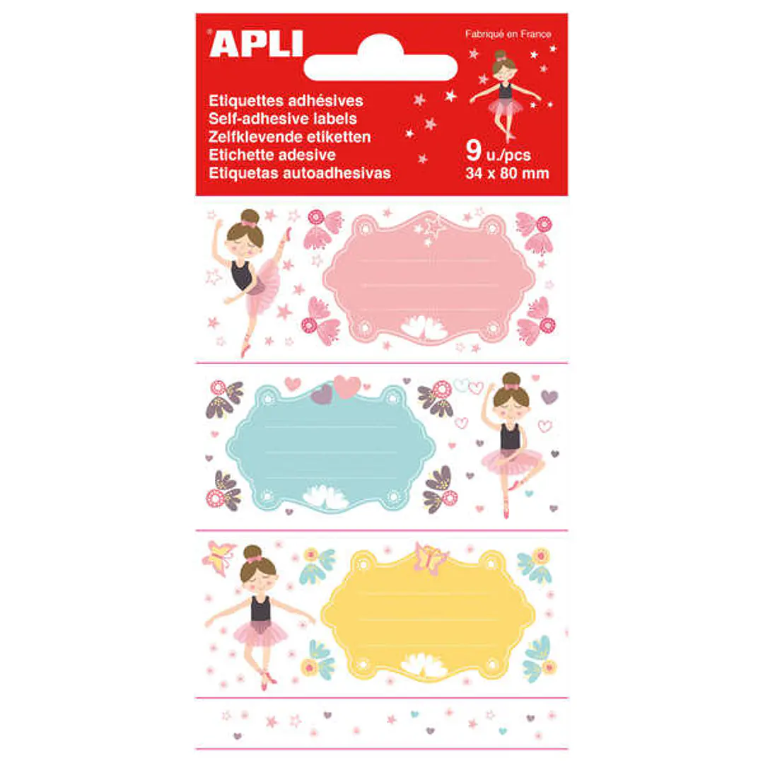 Apli Etiquetas Adhesivas Escolares Bailarinas - Tamaño 81x36mm - 9 Etiquetas (3 por Diseño) - Adhesivo Permanente de Alta Calidad - Color Blanco 1